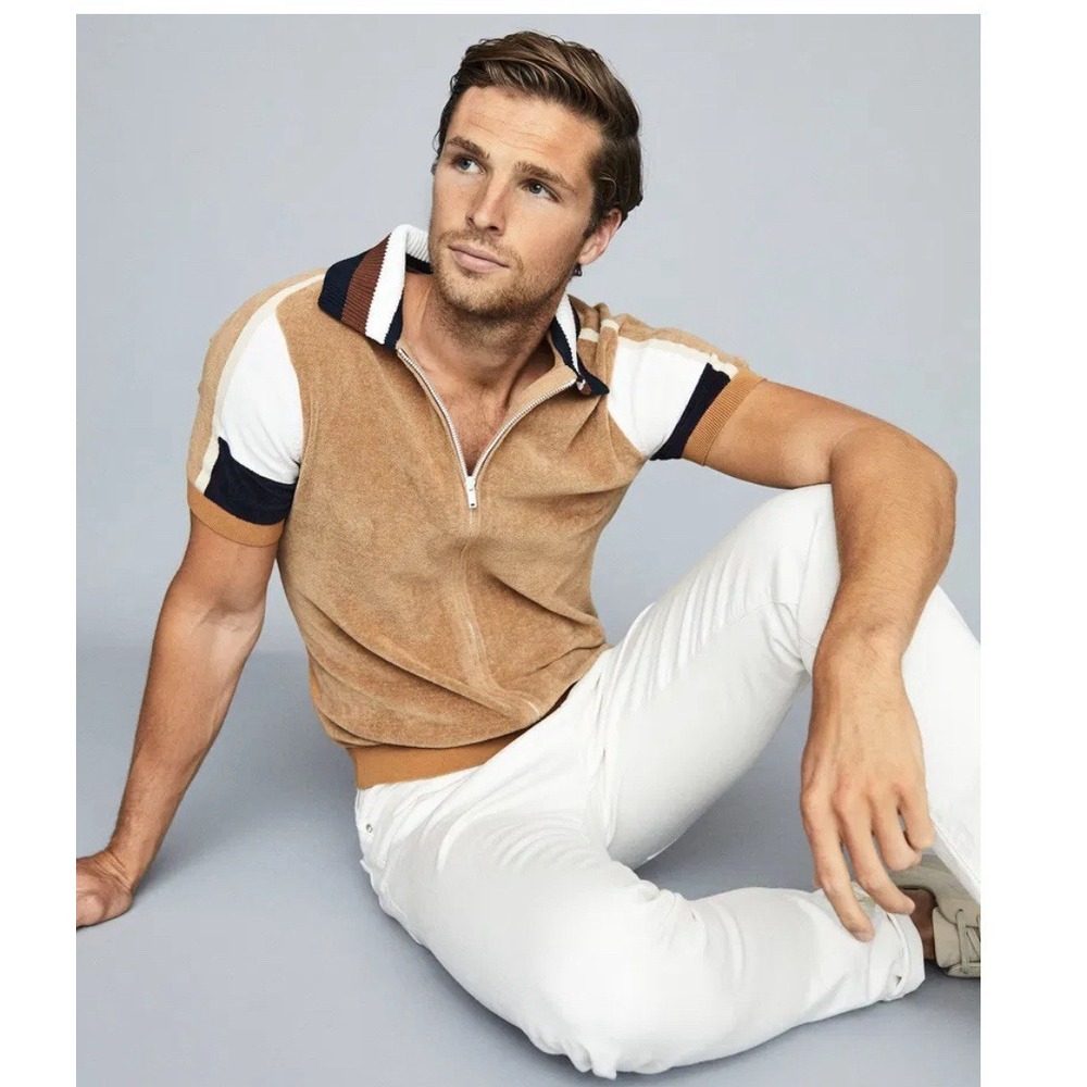 Reiss Capo Full Zip Polo Shirt Short Sleeve Collared Mens S/Small TERRY BROWN EC